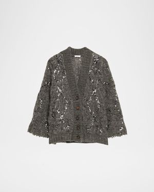 Frosty Sequined Wool-Cashmere V-Neck Cardigan