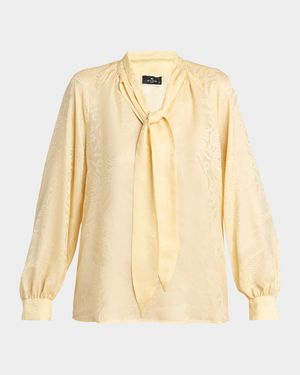 Paisley Jacquard Tie-Neck Blouse