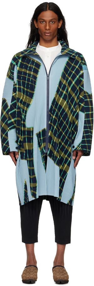 HOMME PLISSÉ ISSEY MIYAKE Blue & Green Windswept Plaid Coat