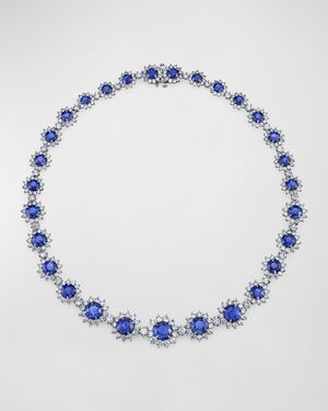 Platinum Large Round Blue Sapphire Necklace with Diamonds, 16"L, 62.25tcw