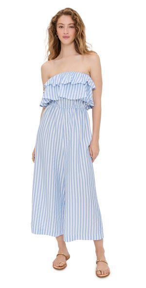 Pixie Market Stripe Ruffle Jumpsuit Blue Stripe S