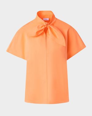 Neck-Tie Cap-Sleeve Cotton Poplin Blouse