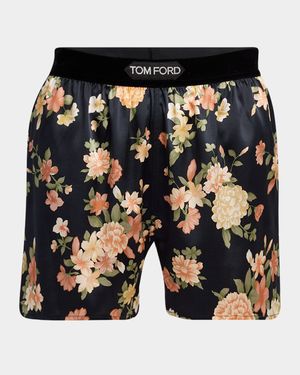 Logo Band Floral Stretch Silk Pajama Shorts