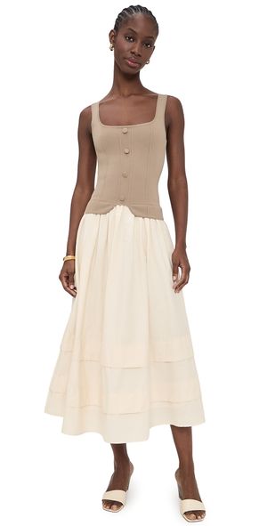 Moon River Square Neckline Top Mixed Media Midi Dress Khaki M