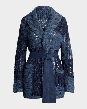 Patchwork Silk-Linen Belted Cardigan