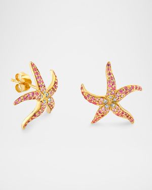 14K Pave Starfish Stud Earrings with Pink Sapphires