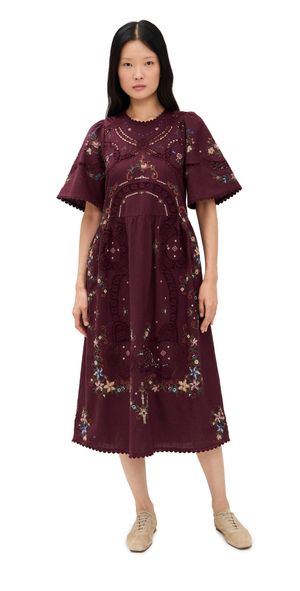 Sea Edwina Embroidery Short Sleeve Dress Burgundy M