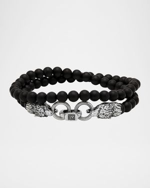 Men's Wolf-Clasp Sterling Silver and Black Onyx Beaded Bracelet
