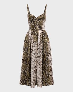 V-Neck Snake-Print Sleeveless Cotton Midi Dress