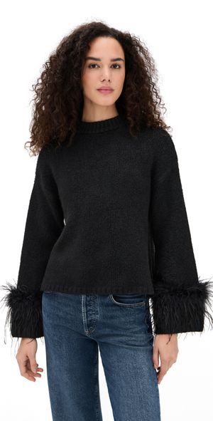 WAYF Pia Feather Trim Pullover Sweater Black XL