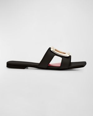 Leather Buckle Flat Slide Sandals