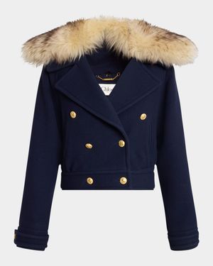 Faux-Fur Collar Double-Breasted Wool Bomber Jacket