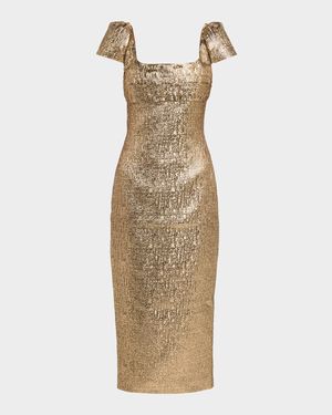 Pleated Drape Metallic Midi Dress
