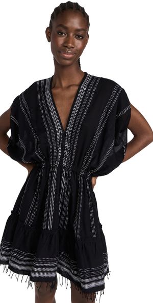 lemlem Leliti Short Plunge Neck Dress Black L