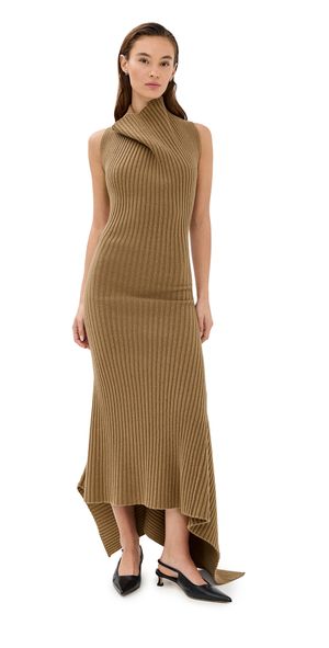 Victoria Beckham Draped Sleeveless Rib Dress Dark Caramel M