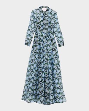 Floral Silk Long-Sleeve Trench Gown