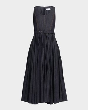 Sleeveless Pleated Denim Midi Dress With Belt
