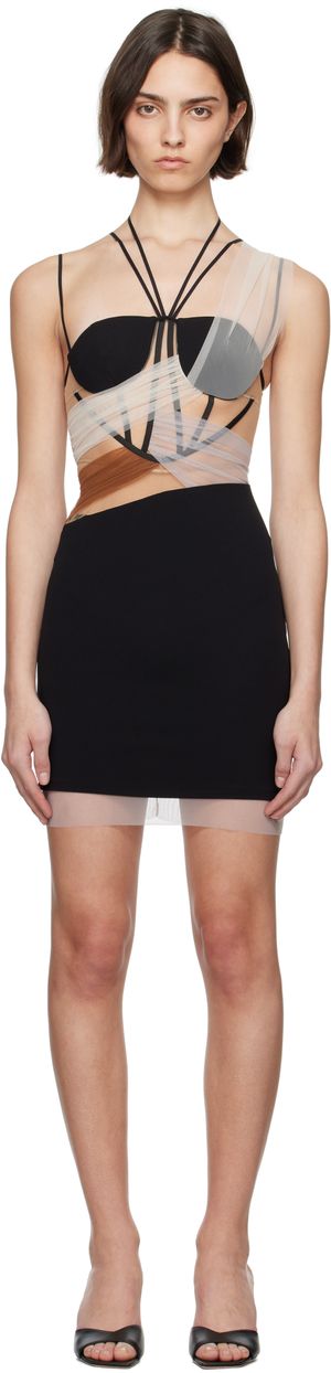 Nensi Dojaka Black Sacha Corset Sheer Drapes Minidress