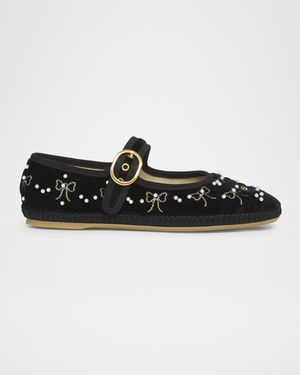 Endouce Bow Velvet Mary Jane Ballerina Flats