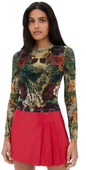 alice + olivia Delaina Printed Mesh Crop Top Forbidden Forest XL