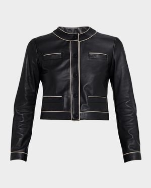 Cropped Contrast-Trim Leather Jacket