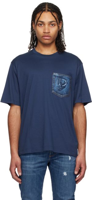 Dolce&Gabbana Navy Breast Pocket & Logo Embroidery Cotton T-shirt