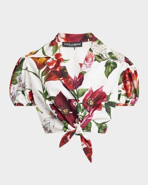 Anemone Floral Popeline Puff-Sleeve Tie Crop Shirt