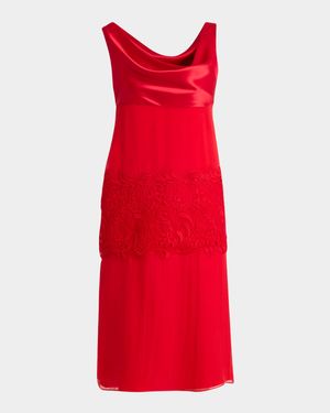 lace-Panel Silk Chiffon Midi Dress