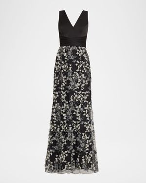 Sleeveless Floral-Embroidered Gown