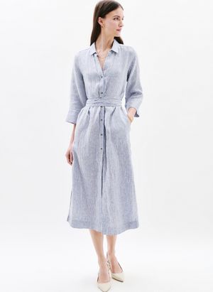 Caroll - Robe chemise longue en lin - Taille 44 - Bleu