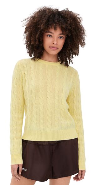 White & Warren Cashmere Varsity Cable Crewneck Lemonade S