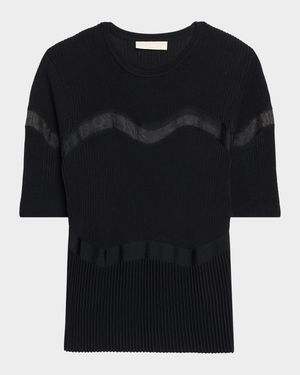 Ayla Wavy-Inset Short-Sleeve Rib Top