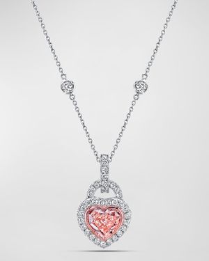 Platinum 18K Rose Gold Pink Heart Diamond 2-Sided Pendant Necklace, 16"L, 3.48tcw