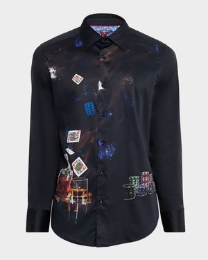Men's Royal Flush Poker-Print Button-Down Shirt