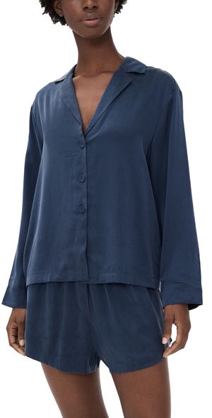 Lunya Long Sleeve Silk Button Up Shorts Set Deep Blue S