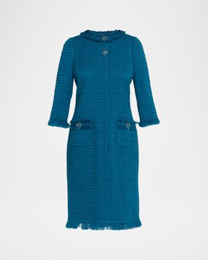 Fringe-Trim Stretch Boucle Dress