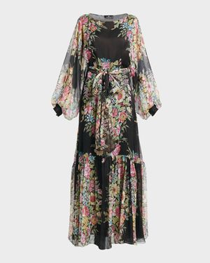 Bouquet Floral-Print Balloon-Sleeve Tiered Silk Dress