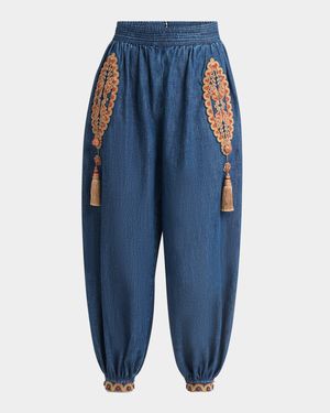 Embroidered Chambray Denim Wide-Leg Crop Blouson Trousers