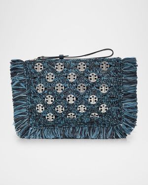 Fringed Denim Raffia Disc Pouch Bag