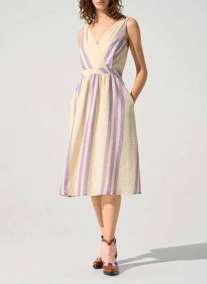 Cotelac - Robe midi Col V à rayures - Taille 3 - Violet