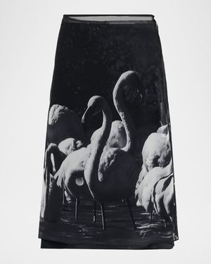 Flamingo-Print Silk Midi Skirt