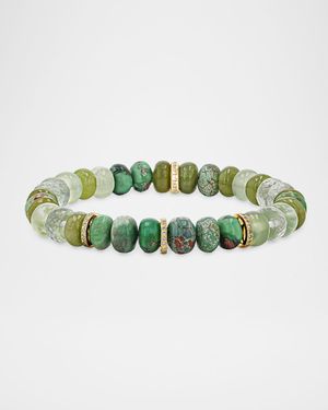 Moody Green Mix Bead Bracelet with 14K Yellow Gold and Diamond Rondelles