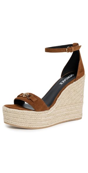 Versace Suede Leather Espadrille Wedges Spice Brown/Versace Gold 35