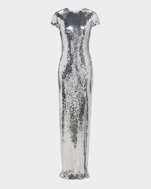 Sequined Short-Sleeve High Slit Gown