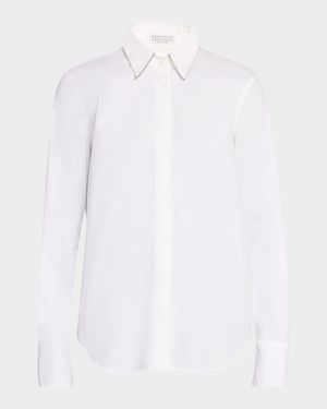 Poplin Button-Front Shirt with Monili Collar