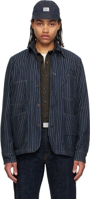 RRL Navy Striped Twill Johnston Overshirt