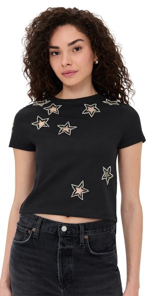 alice + olivia Cindy Classic Cropped Tee with Crystal Star Cutouts Black XS