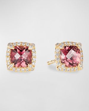 Petite Chatelaine Pave Bezel Stud Earrings in 18K Yellow Gold with Hampton Blue Topaz