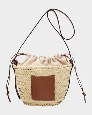 x Paula's Ibiza Basket Bucket Bag in Palm Leaf with Drawstring Pouch and Leather Strap