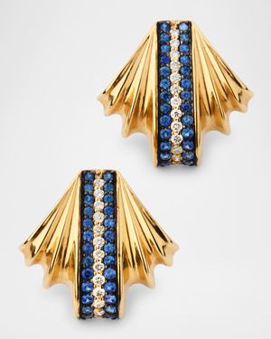 14K Yellow Gold Scallop Diamond and Blue Sapphire Earrings